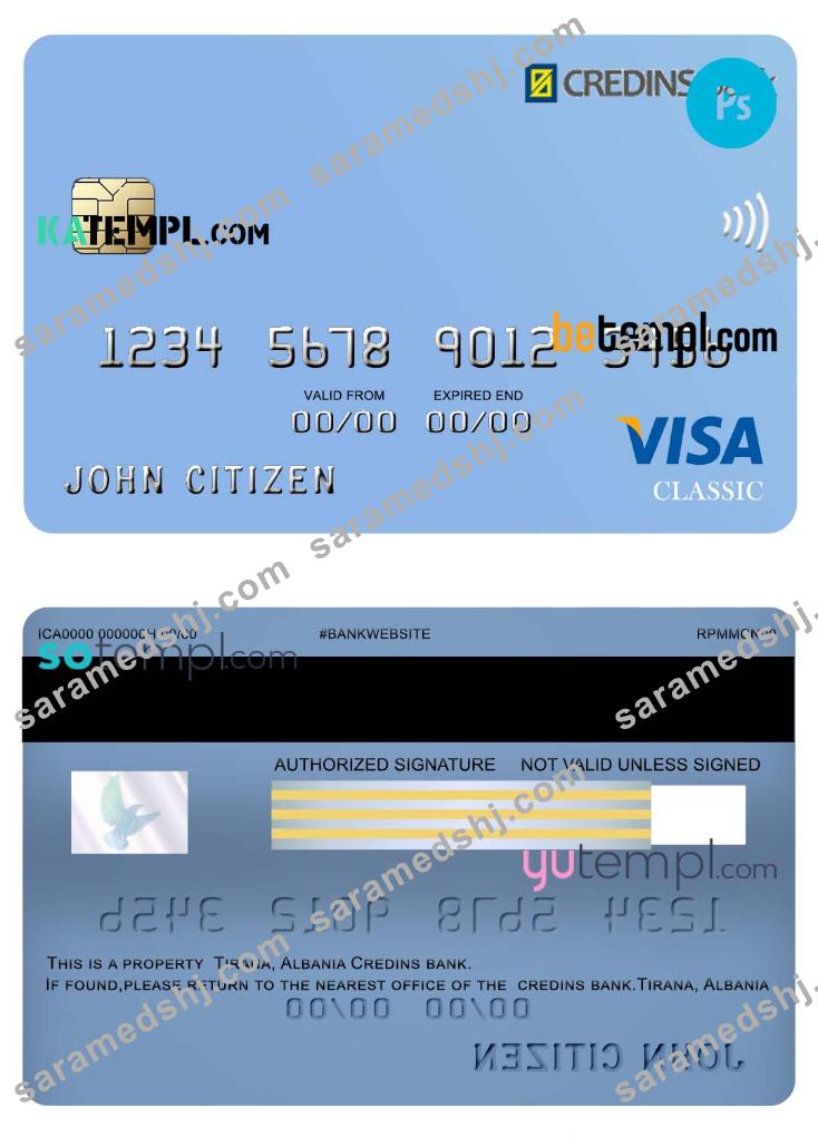 Albania Credins bank visa debit card template in PSD format, fully editable